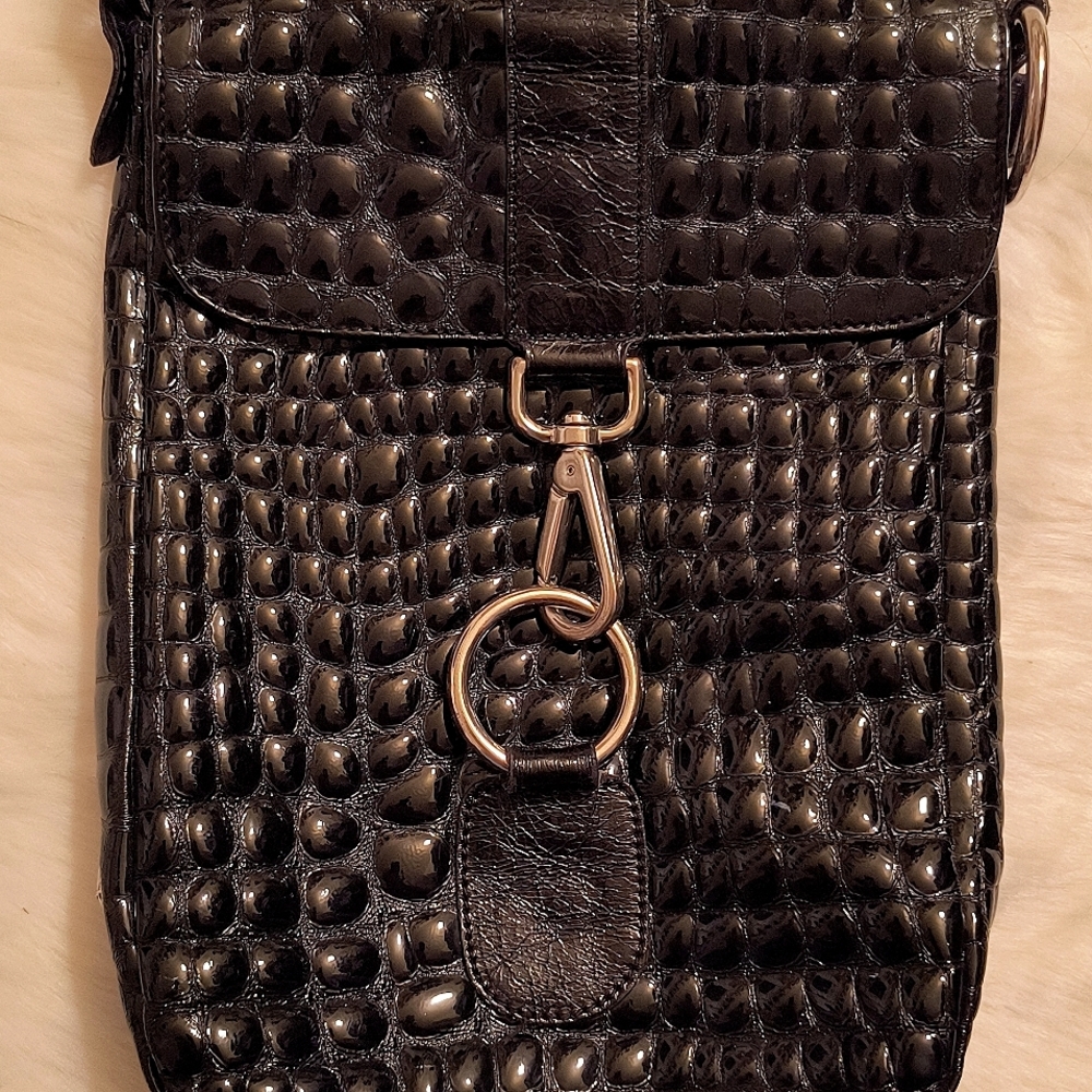 THE TREND Crossbody Bag Purse Croc Embossed black Leather ITALY. - Picture 3 of 11